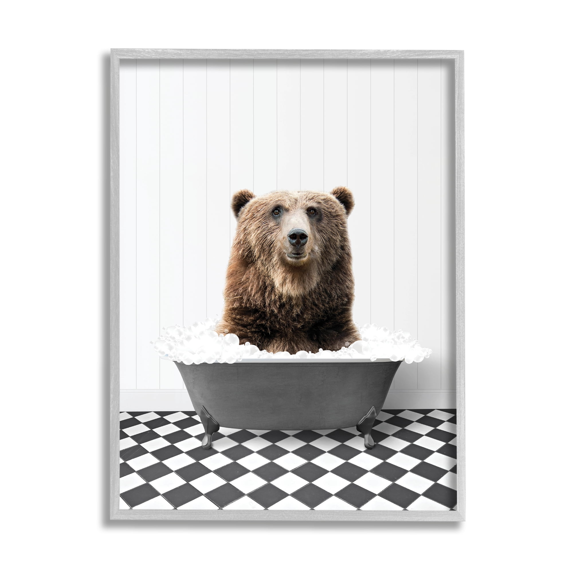 Stupell Industries Bear in Bathroom Tub Animals & Insects Painting Gray Framed Art Print Wall Art, 24 x 30