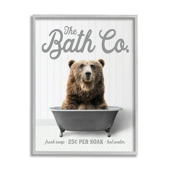 Stupell Industries Bear in Bathtub Animals & Insects Painting Gray Framed Art Print Wall Art, 16 x 20