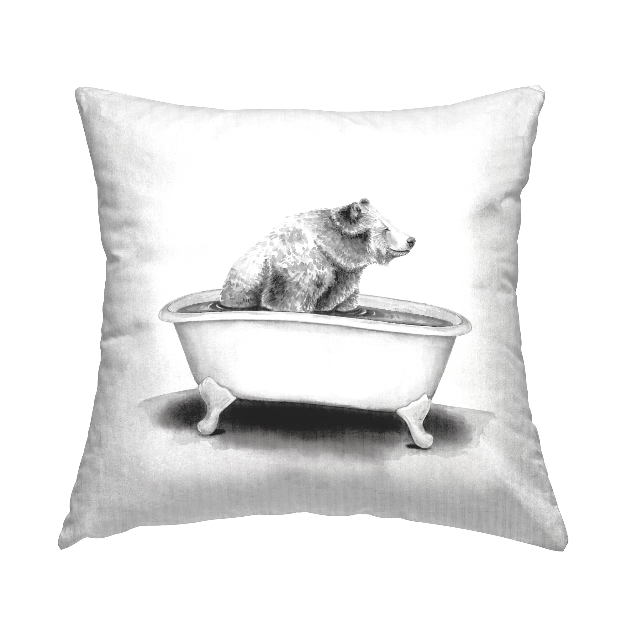 Bear in Bathtub Black and White Square Throw Pillow
