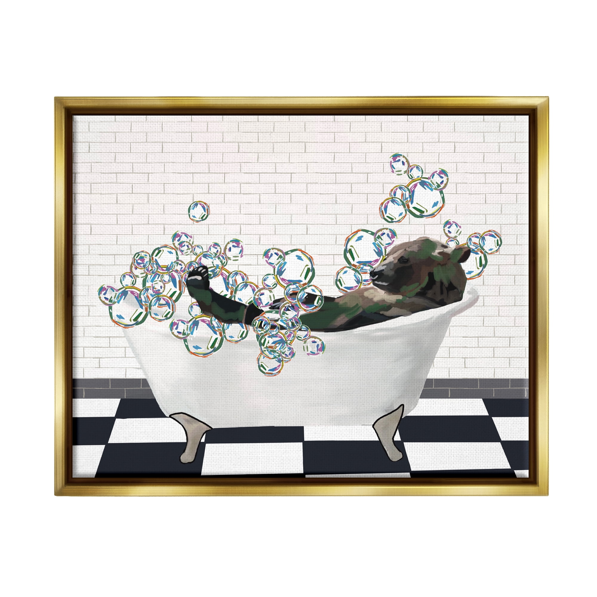 Stupell Industries Bear in Bubble Bath Animals & Insects Painting Gold Floater Framed Art Print Wall Art, 21 x 17