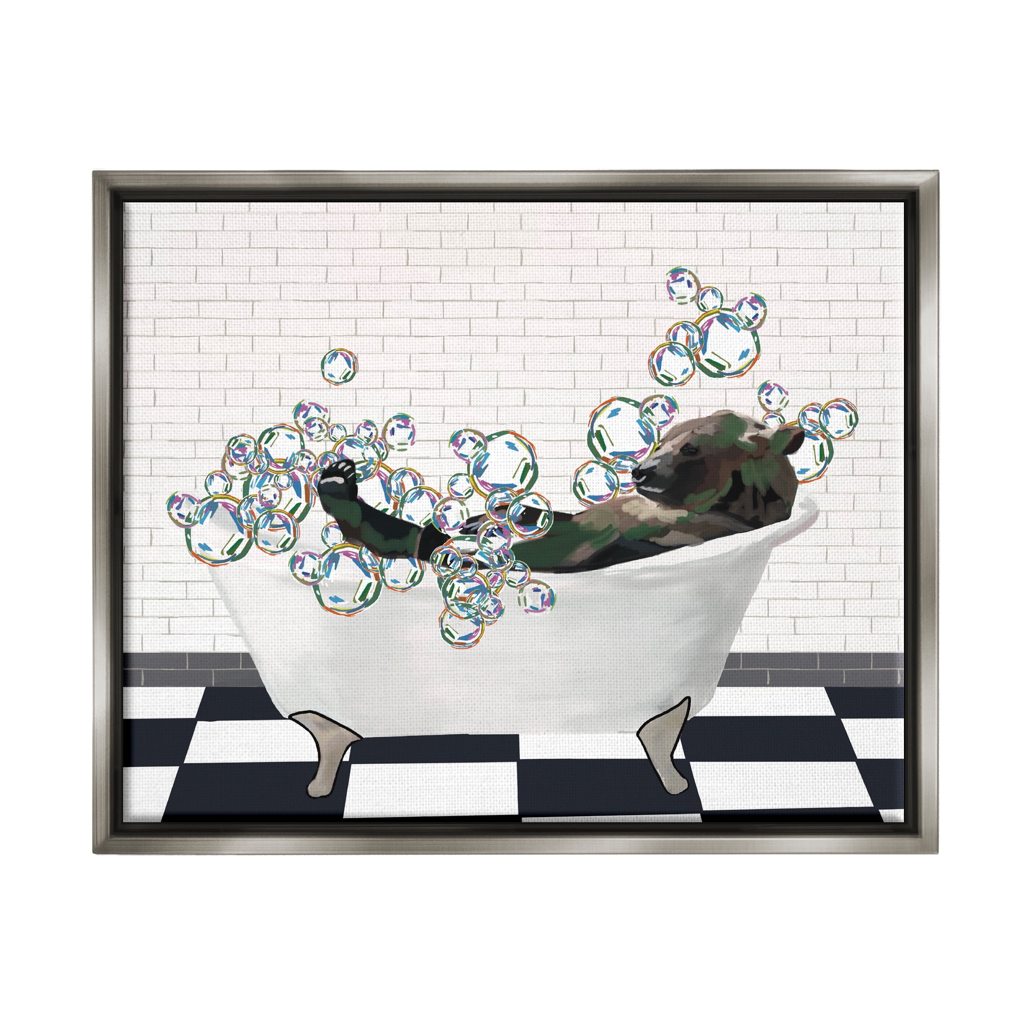 Stupell Industries Bear in Bubble Bath Animals & Insects Painting Gray Floater Framed Art Print Wall Art, 21 x 17