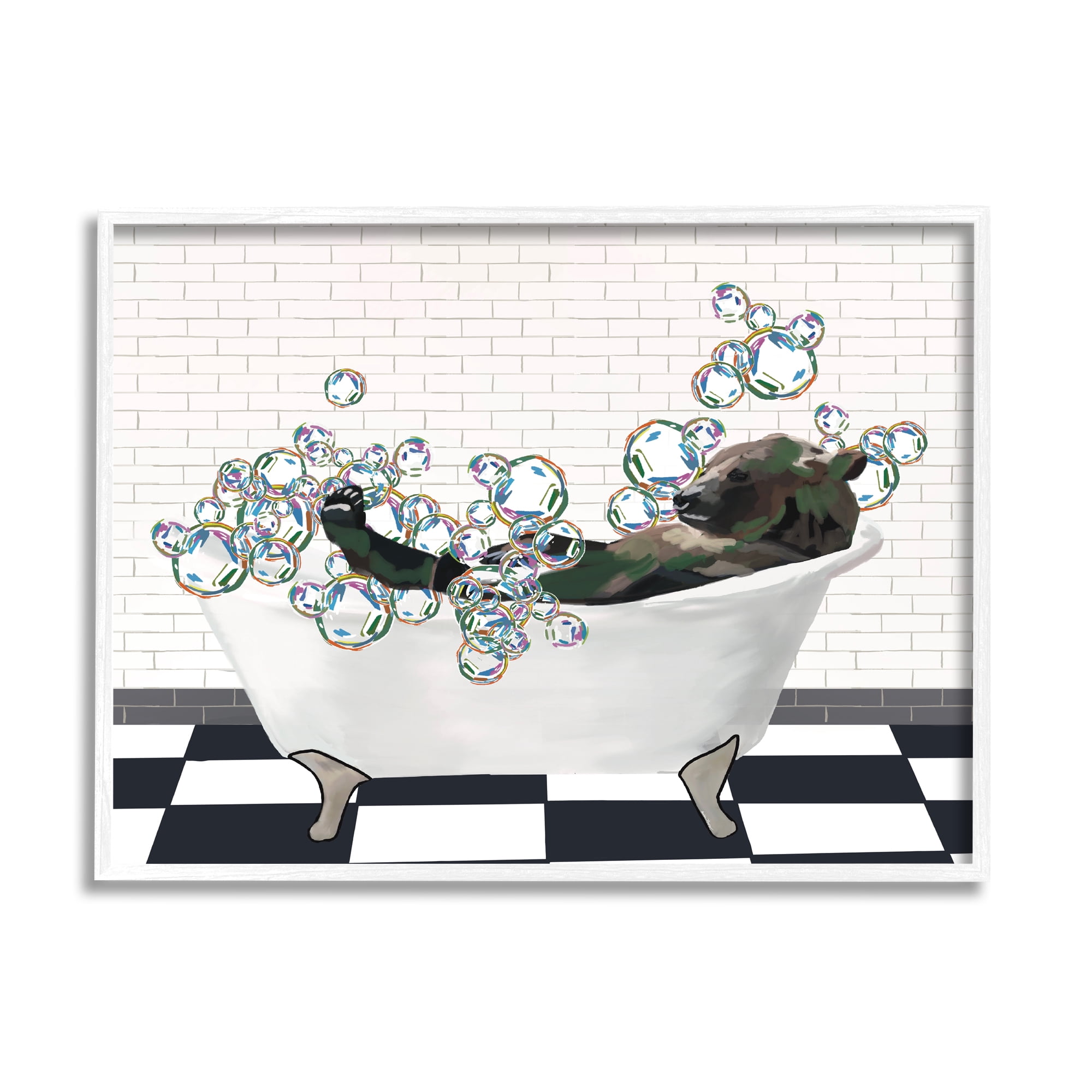 Stupell Industries Bear in Bubble Bath Animals & Insects Painting White Framed Art Print Wall Art, 20 x 16