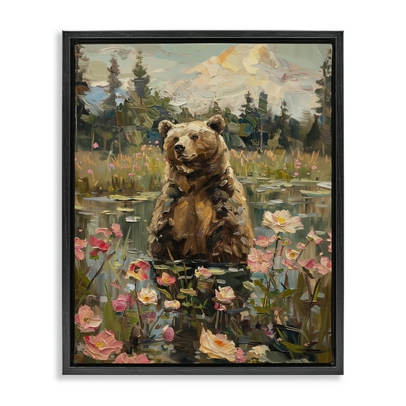Stupell Industries Bear in Floral Pond Animals Painting Black Floater Framed Canvas Art Print Wall Art, 17 x 21