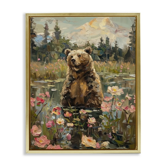 Stupell Industries Bear in Floral Pond Animals Painting Gold Floater Framed Canvas Art Print Wall Art, 17 x 21