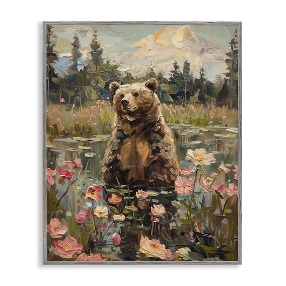 Stupell Industries Bear in Floral Pond Animals Painting Gray Framed Art Print Wall Art, 11 x 14