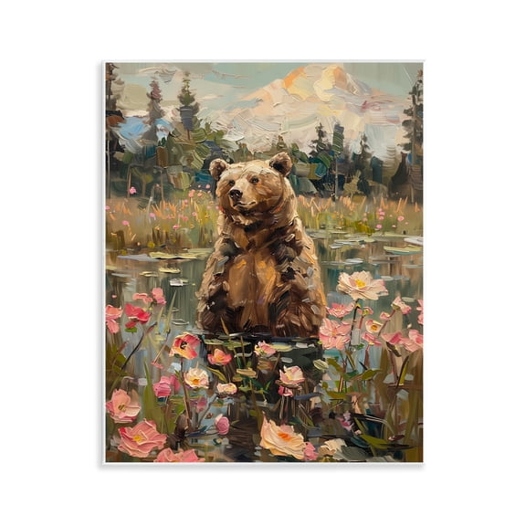 Stupell Industries Bear in Floral Pond Animals Painting Unframed Art Print Wall Art, 11 x 14