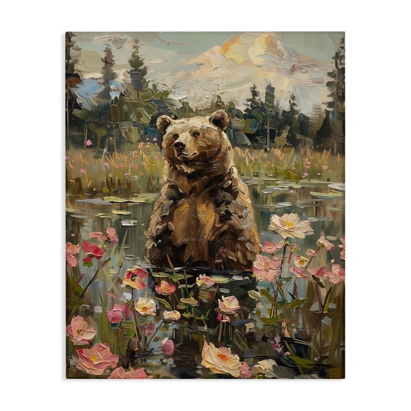 Stupell Industries Bear in Floral Pond Animals Painting Wrapped Canvas Art Print Wall Art, 16 x 20