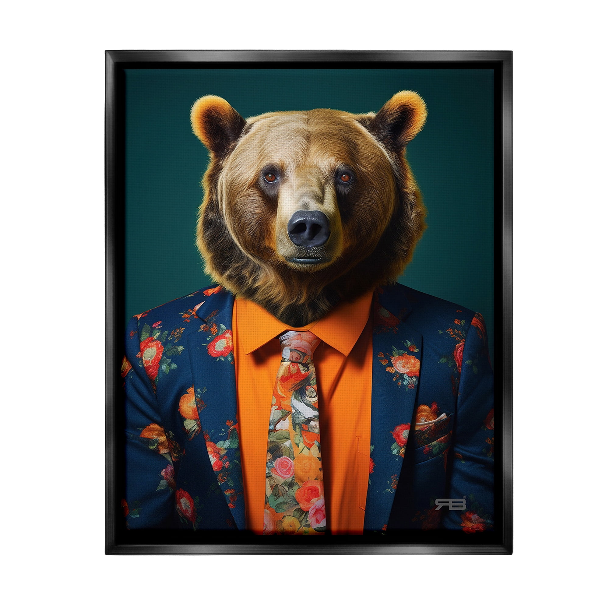 Stupell Industries Bear in Floral Suit Animals & Insects Painting Black Floater Framed Canvas Art Print Wall Art, 25 x 31