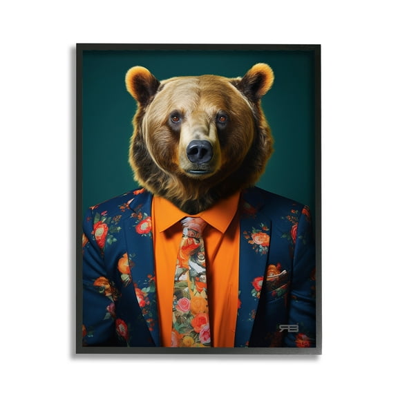 Stupell Industries Bear in Floral Suit Animals & Insects Painting Black Framed Art Print Wall Art, 11 x 14