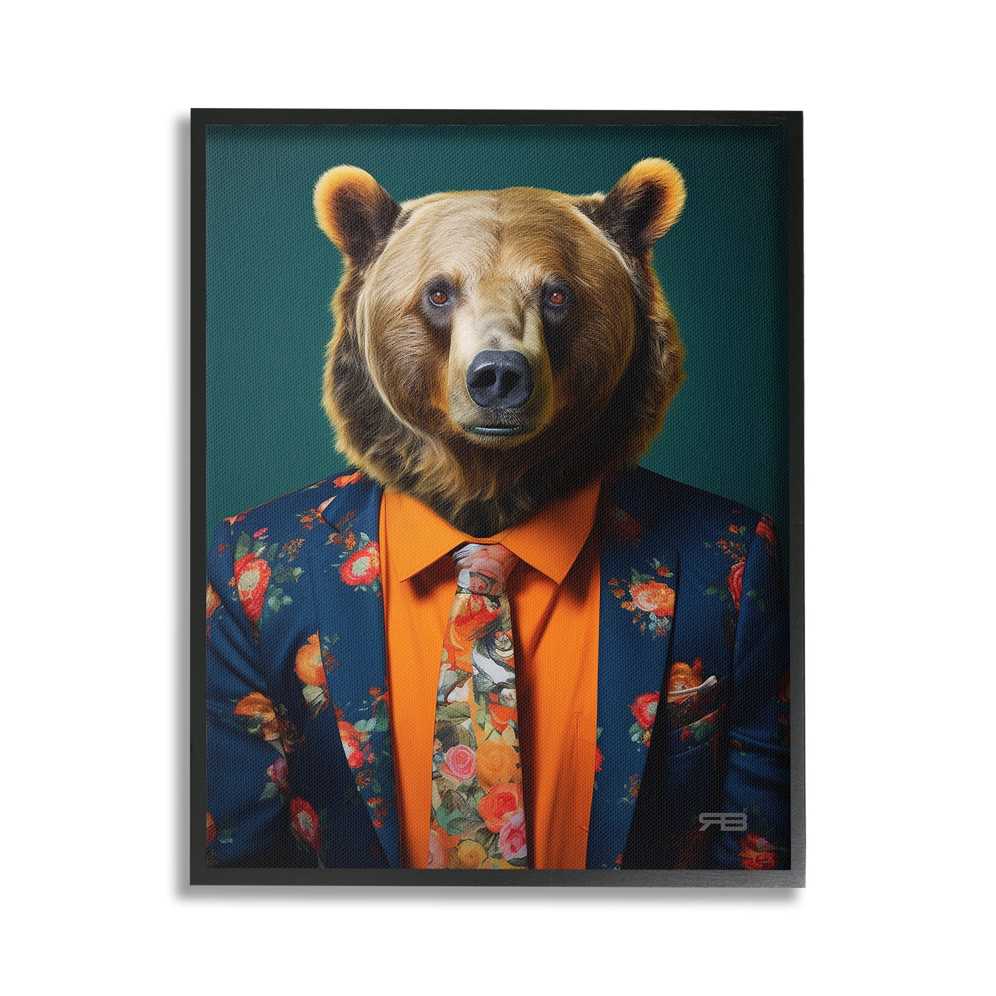 Stupell Industries Bear in Floral Suit Animals & Insects Painting Black Framed Art Print Wall Art, 24 x 30