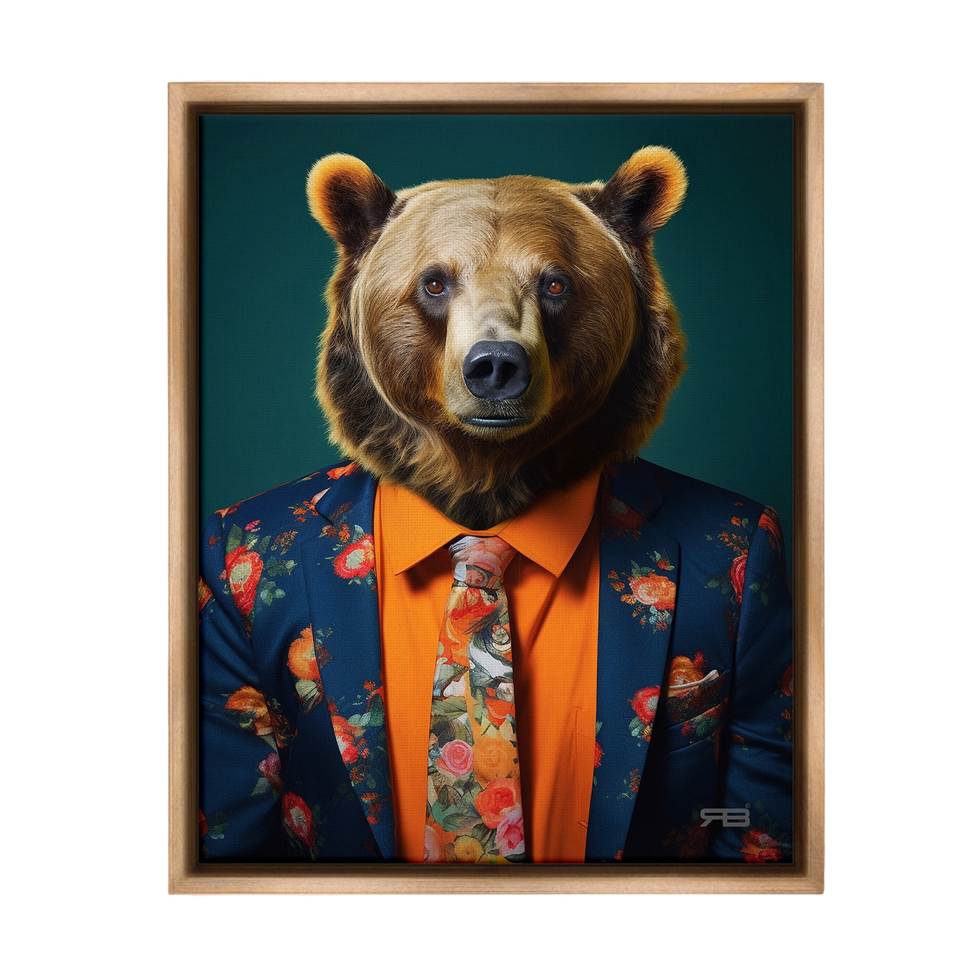 Stupell Industries Bear in Floral Suit Animals & Insects Painting Brown Floater Framed Canvas Art Print Wall Art, 17 x 21
