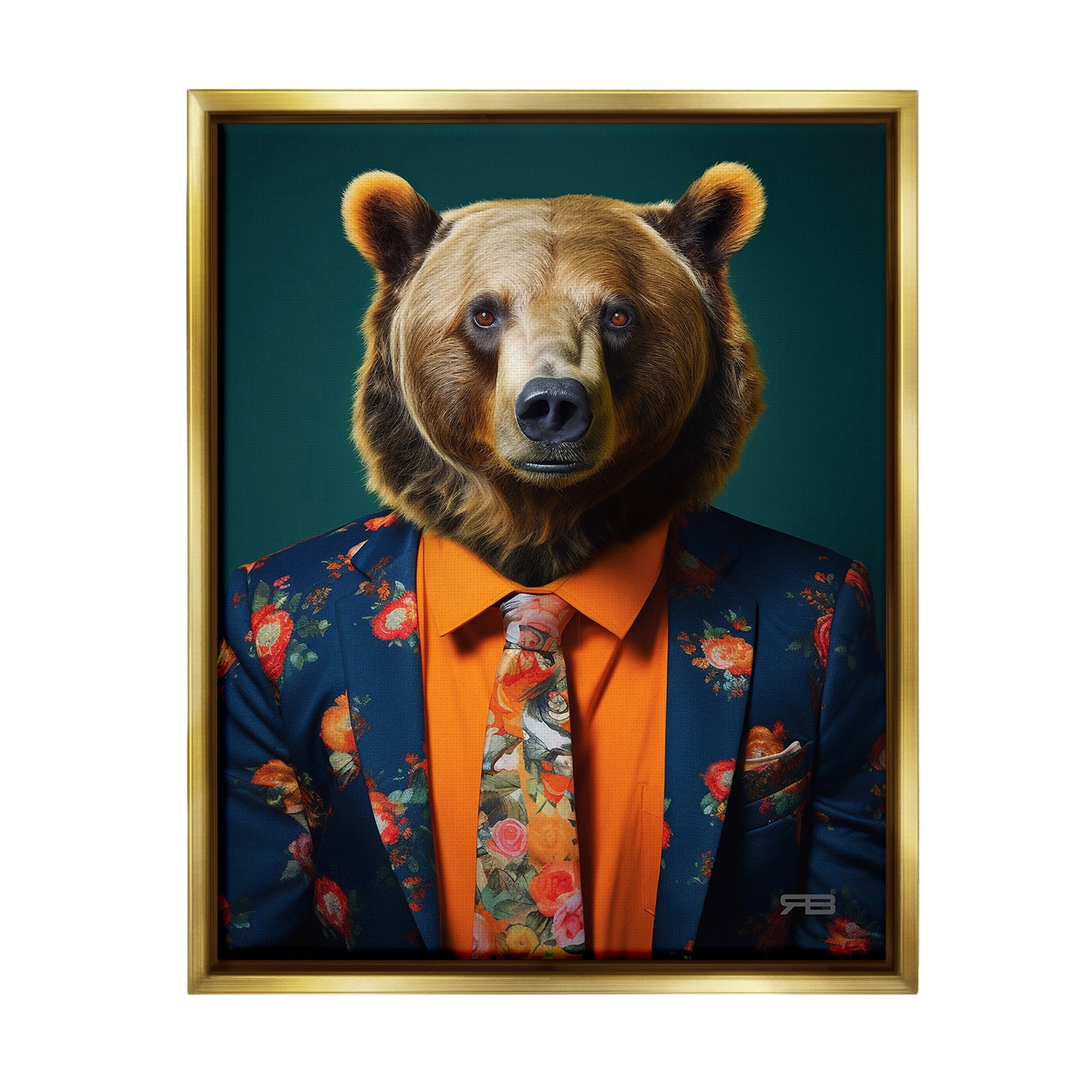 Stupell Industries Bear in Floral Suit Animals & Insects Painting Gold Floater Framed Canvas Art Print Wall Art, 25 x 31