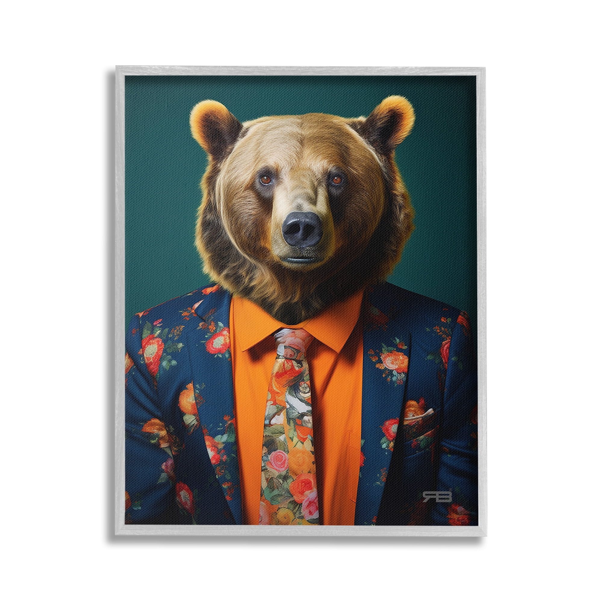 Stupell Industries Bear in Floral Suit Animals & Insects Painting Gray Framed Art Print Wall Art, 24 x 30