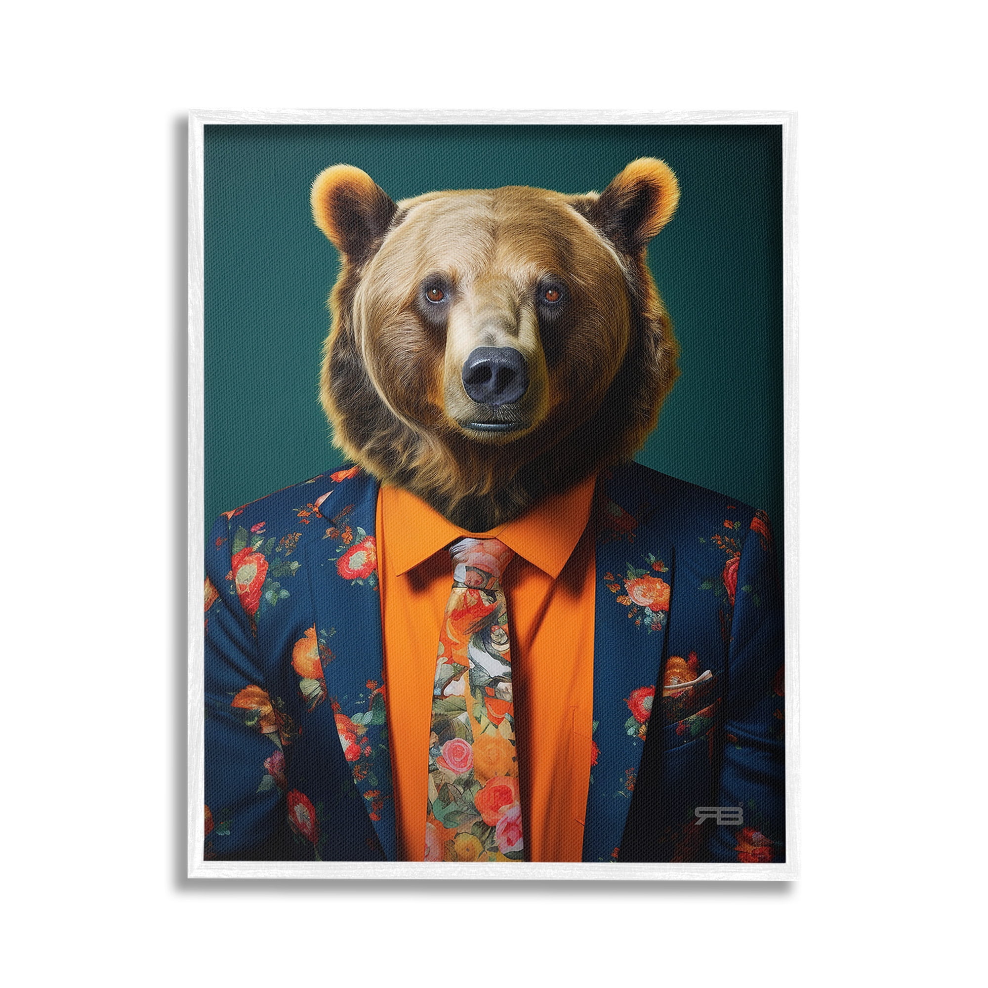 Stupell Industries Bear in Floral Suit Animals & Insects Painting White Framed Art Print Wall Art, 24 x 30