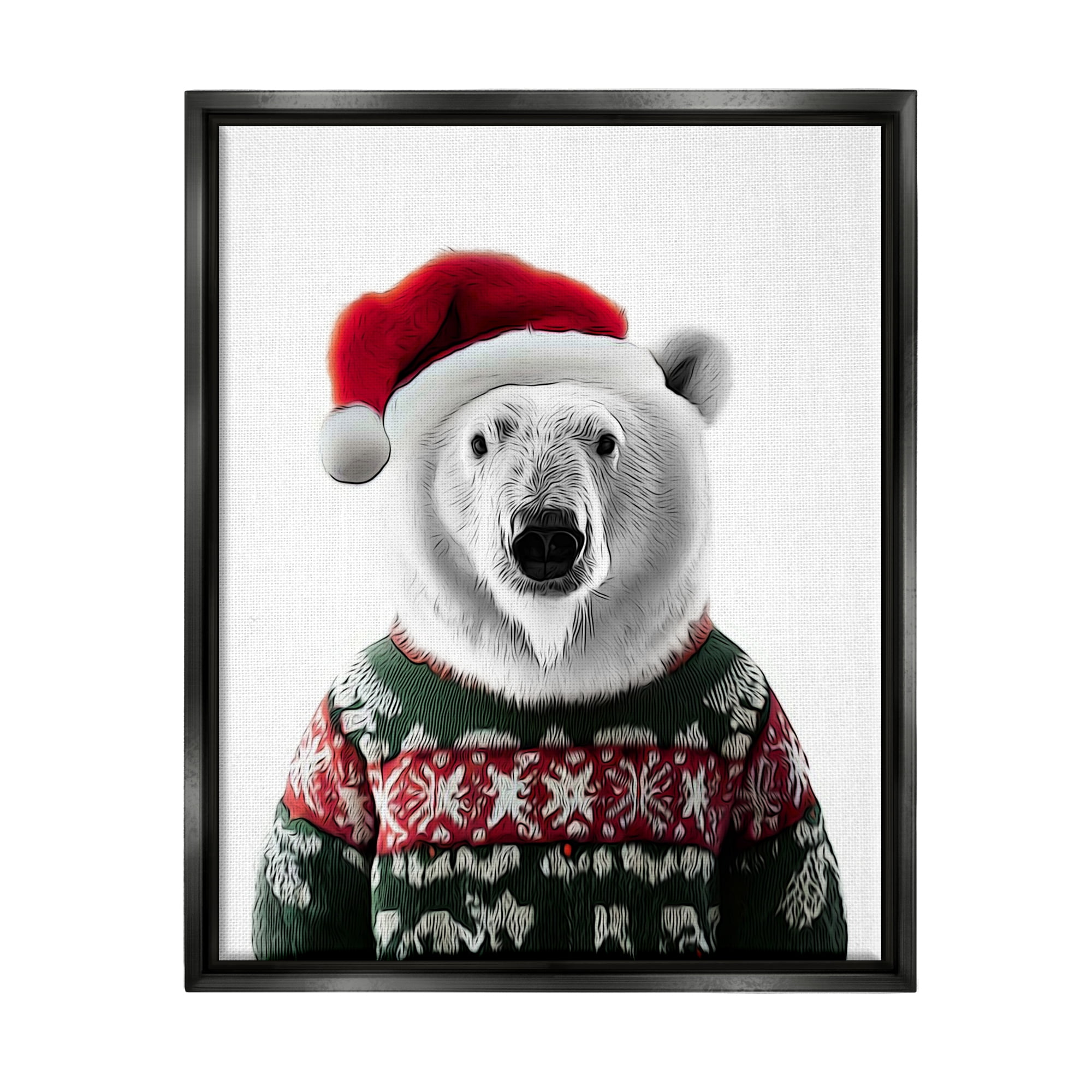 Stupell Industries Bear in Holiday Sweater Holiday Painting Black Floater Framed Canvas Art Print Wall Art, 25 x 31