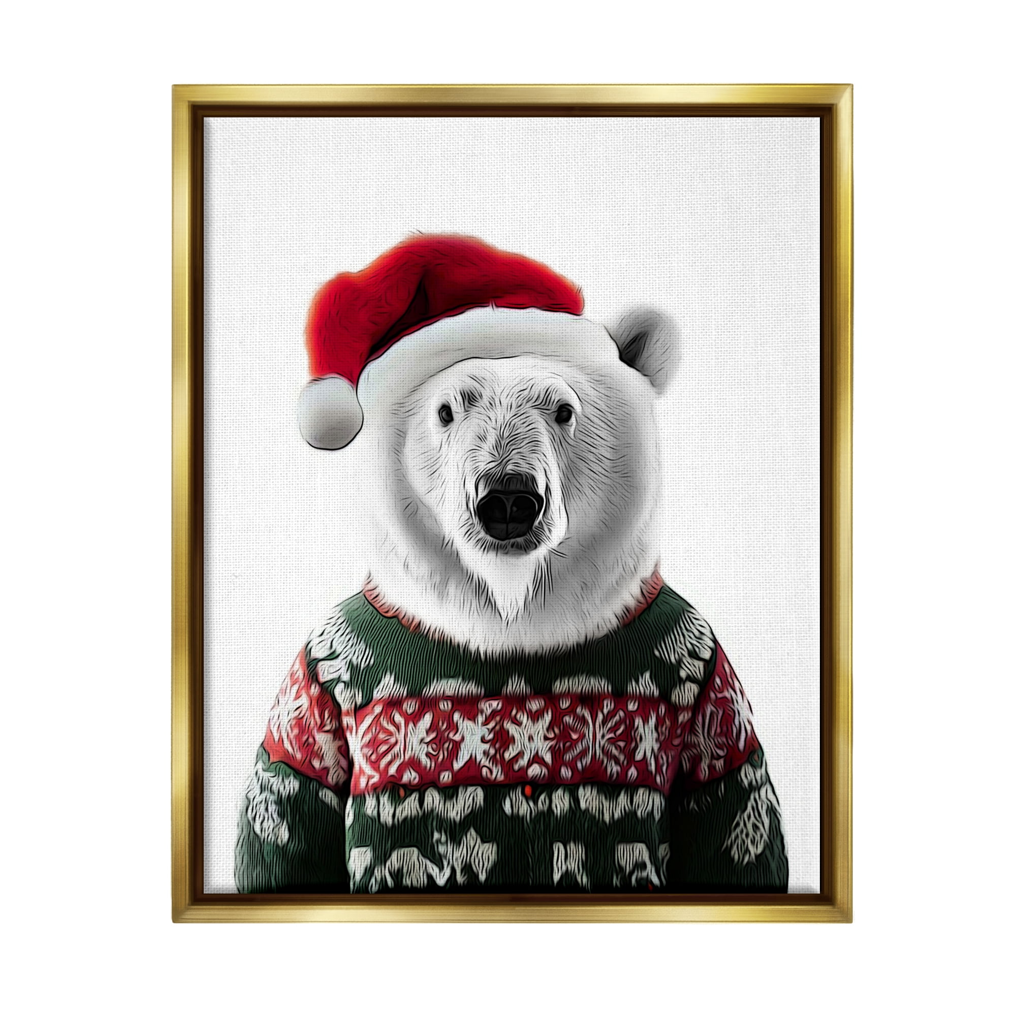 Stupell Industries Bear in Holiday Sweater Holiday Painting Gold Floater Framed Canvas Art Print Wall Art, 25 x 31