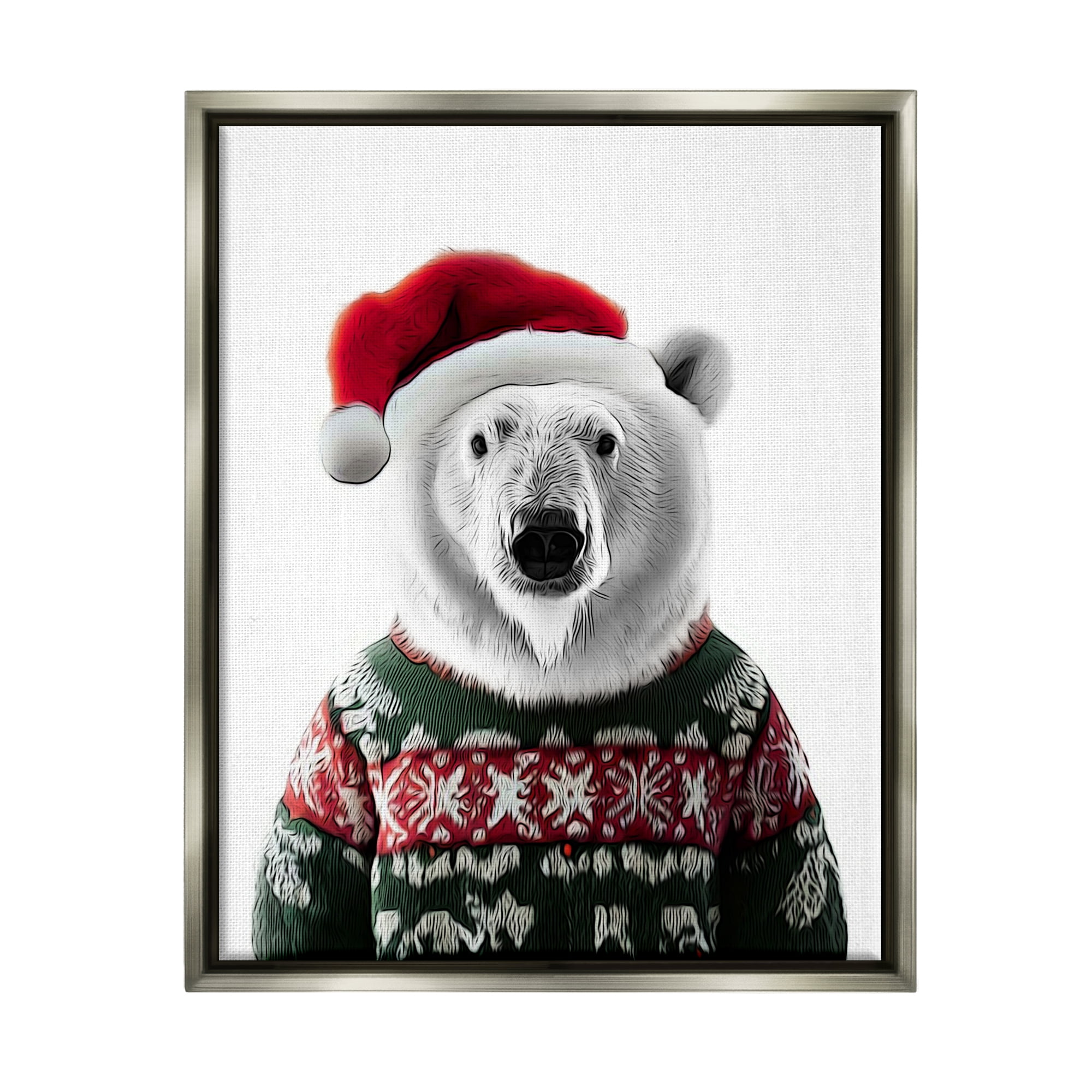 Stupell Industries Bear in Holiday Sweater Holiday Painting Gray Floater Framed Canvas Art Print Wall Art, 17 x 21