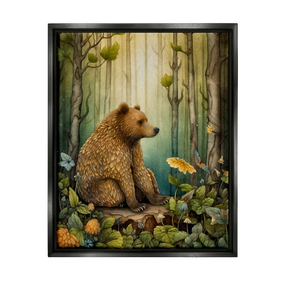 Stupell Industries Bear in Magical Forest Animals & Insects Painting Black Floater Framed Canvas Art Print Wall Art, 25 x 31