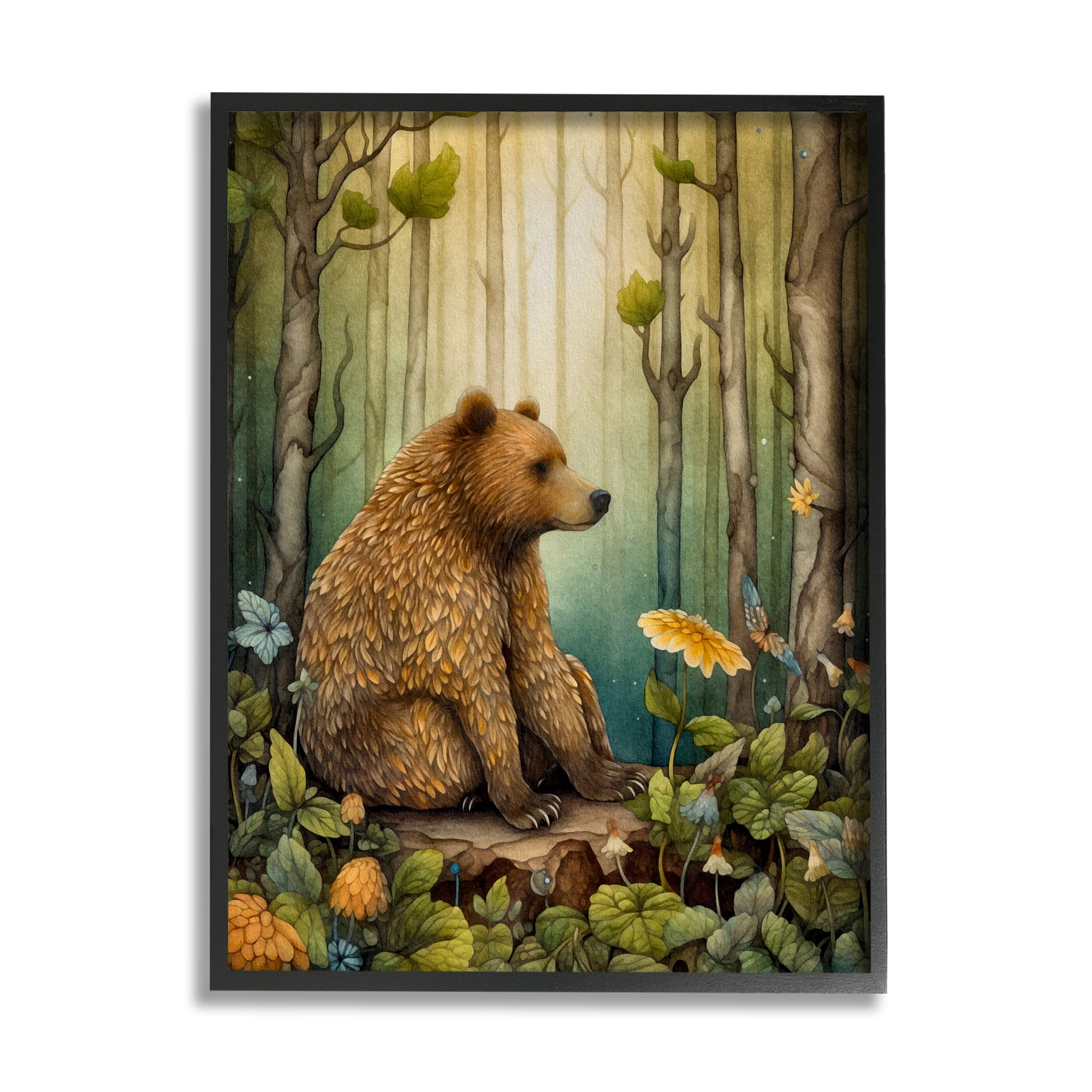 Stupell Industries Bear in Magical Forest Animals & Insects Painting Black Framed Art Print Wall Art, 11 x 14