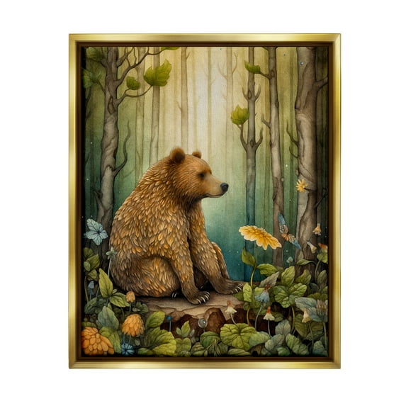 Stupell Industries Bear in Magical Forest Animals & Insects Painting Gold Floater Framed Canvas Art Print Wall Art, 25 x 31