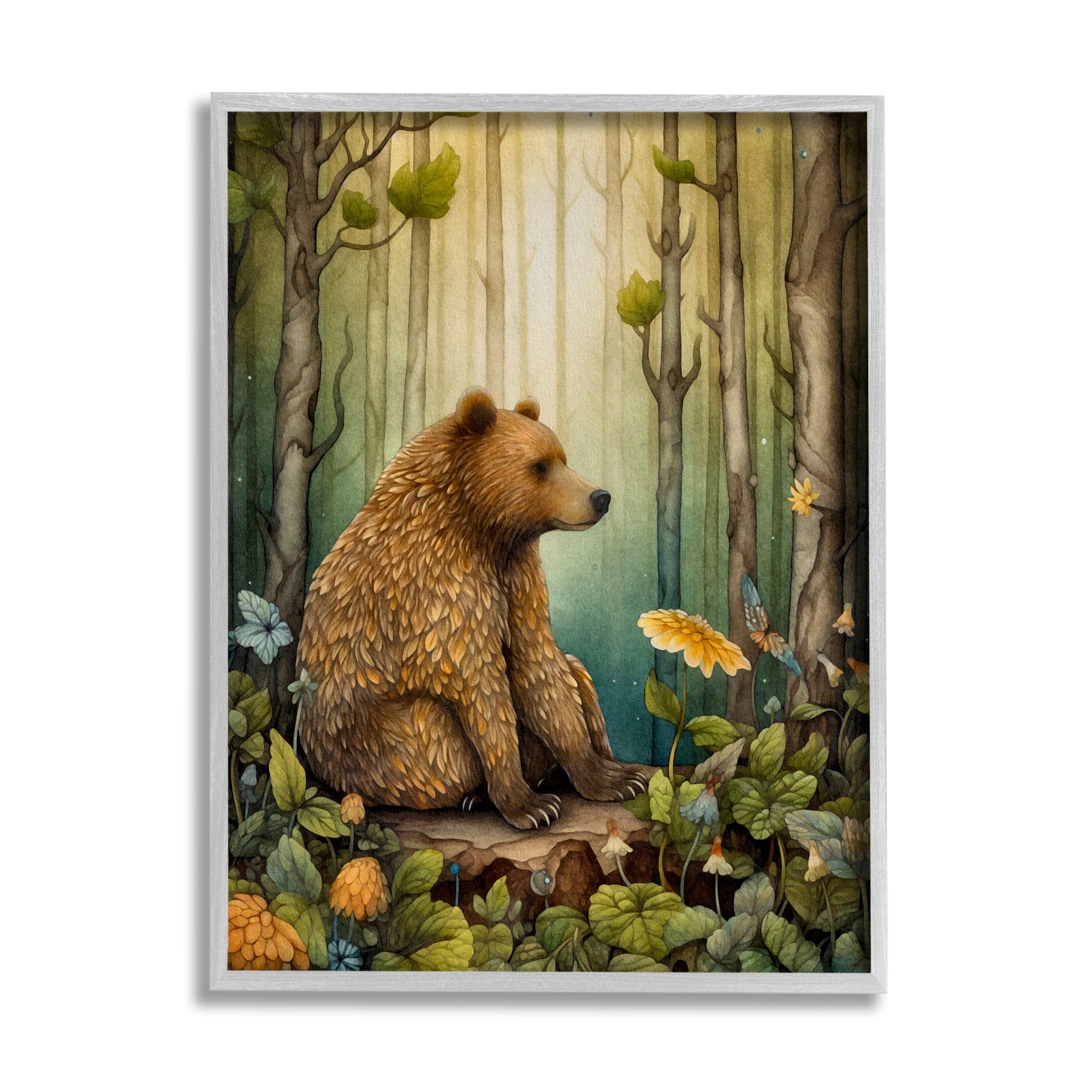 Stupell Industries Bear in Magical Forest Animals & Insects Painting Gray Framed Art Print Wall Art, 11 x 14