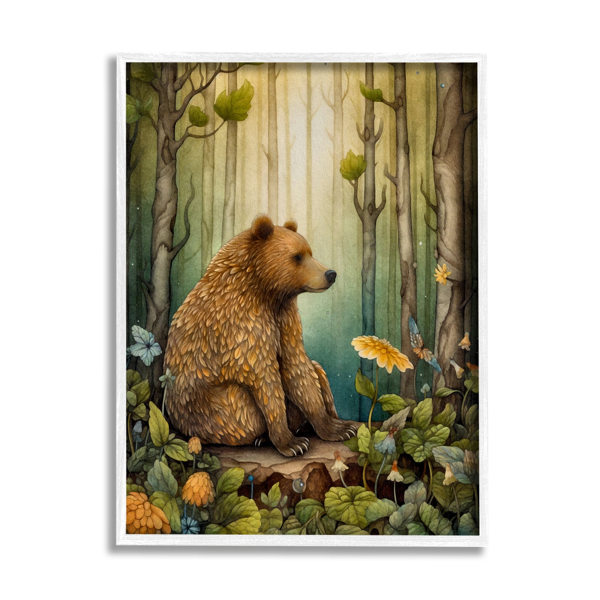 Stupell Industries Bear in Magical Forest Animals & Insects Painting White Framed Art Print Wall Art, 24 x 30