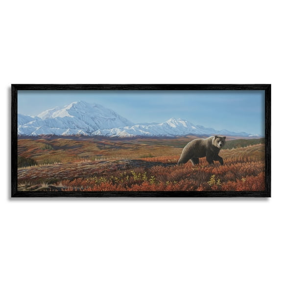 Stupell Industries Bear in Mountain Landscape Animals & Insects Painting Black Framed Art Print Wall Art, 24 x 10