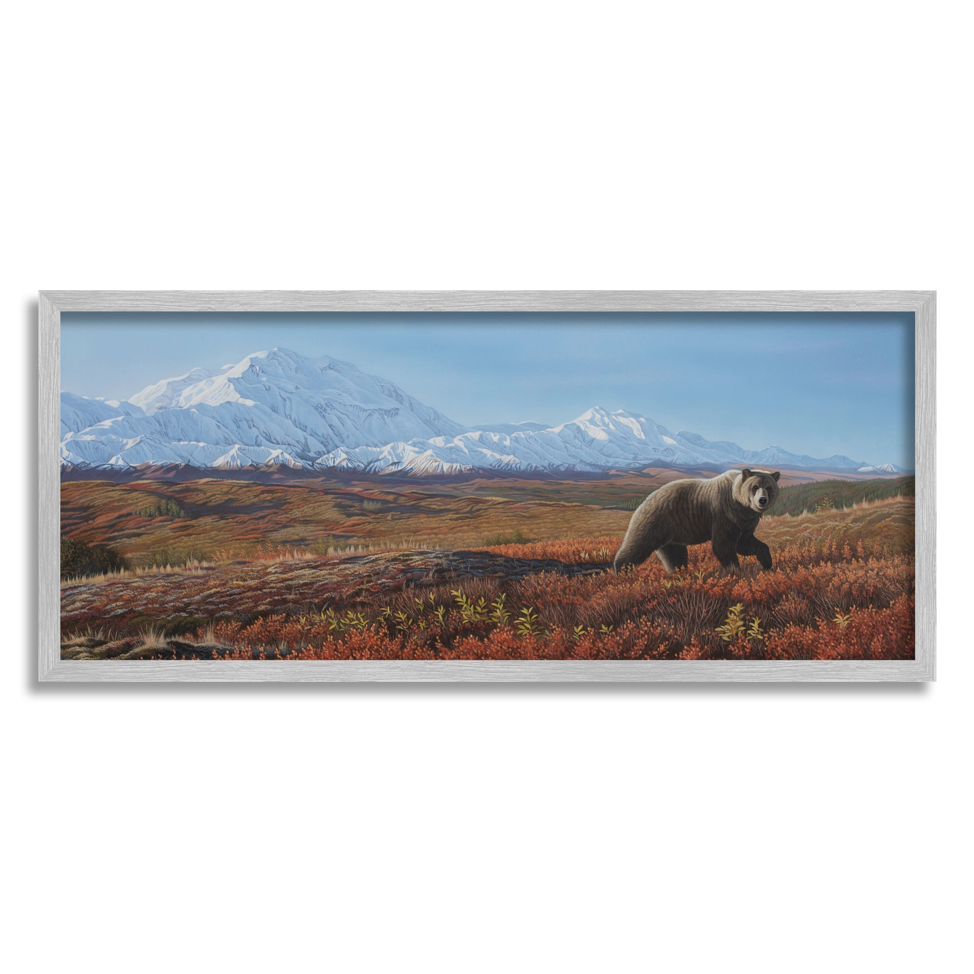 Stupell Industries Bear in Mountain Landscape Animals & Insects Painting Gray Framed Art Print Wall Art, 30 x 13