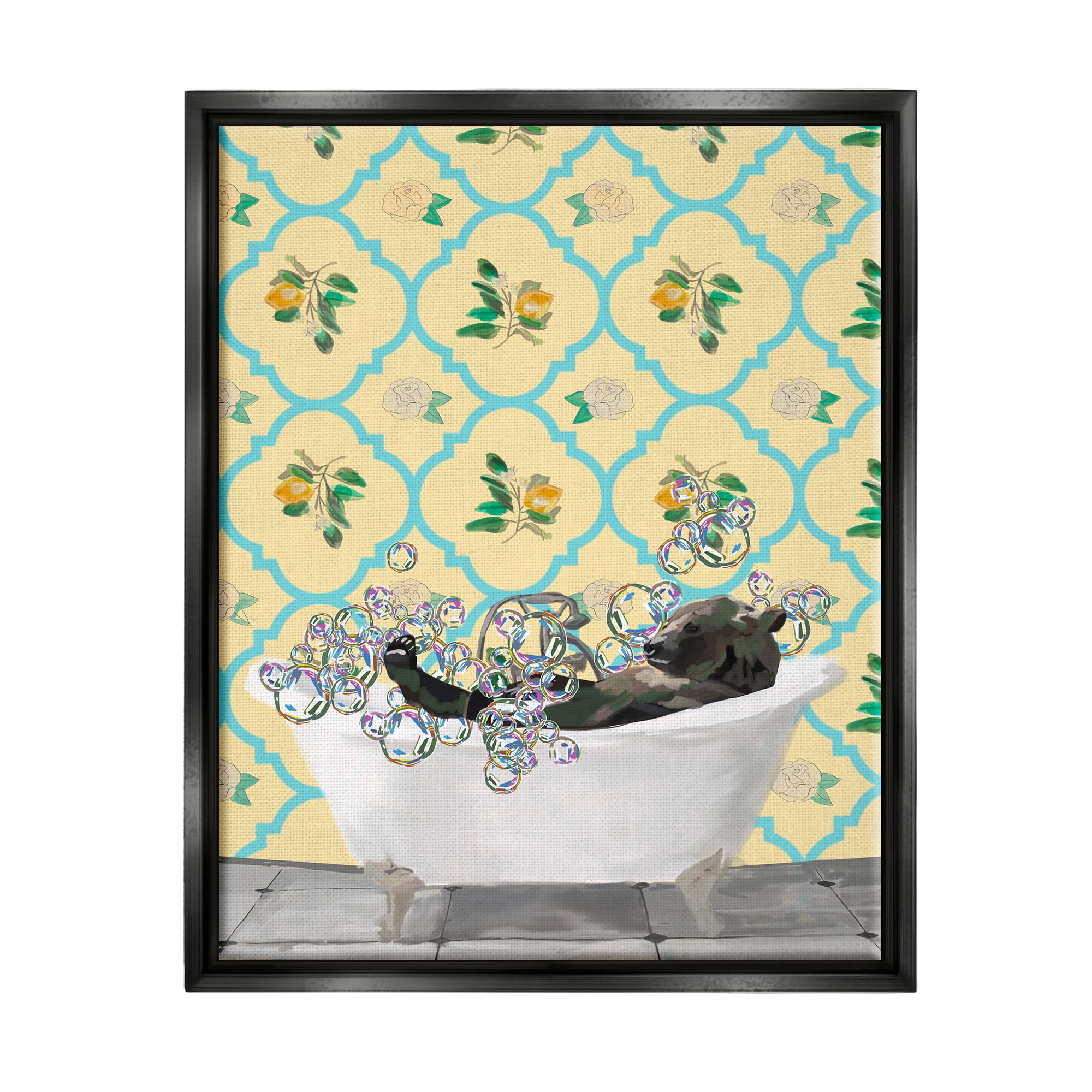 Stupell Industries Bear in Patterned Bathroom Animals & Insects Painting Black Floater Framed Art Print Wall Art, 25 x 31