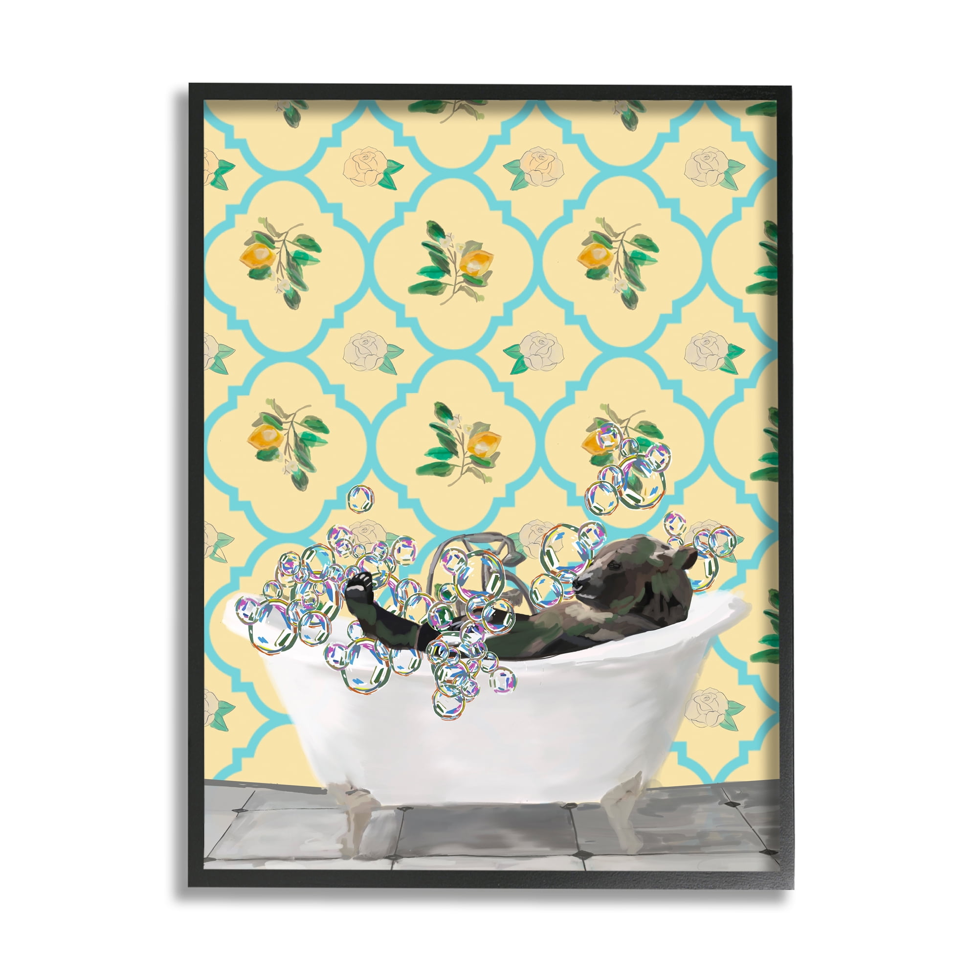 Stupell Industries Bear in Patterned Bathroom Animals & Insects Painting Black Framed Art Print Wall Art, 11 x 14