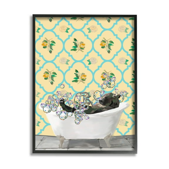 Stupell Industries Bear in Patterned Bathroom Animals & Insects Painting Black Framed Art Print Wall Art, 11 x 14
