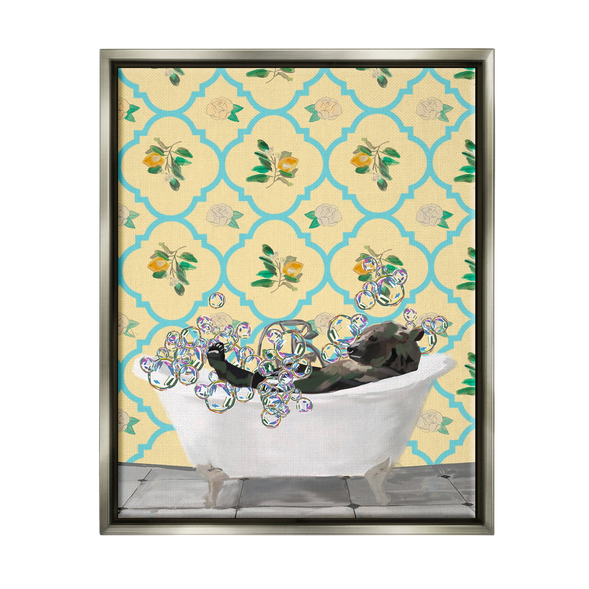 Stupell Industries Bear in Patterned Bathroom Animals & Insects Painting Gray Floater Framed Art Print Wall Art, 25 x 31