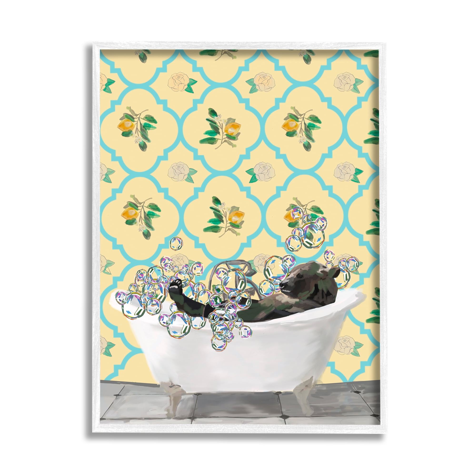 Stupell Industries Bear in Patterned Bathroom Animals & Insects Painting White Framed Art Print Wall Art, 16 x 20