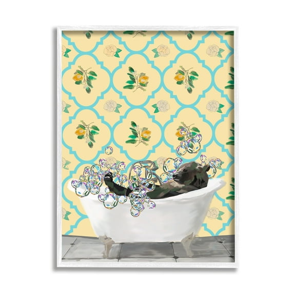 Stupell Industries Bear in Patterned Bathroom Animals & Insects Painting White Framed Art Print Wall Art, 24 x 30