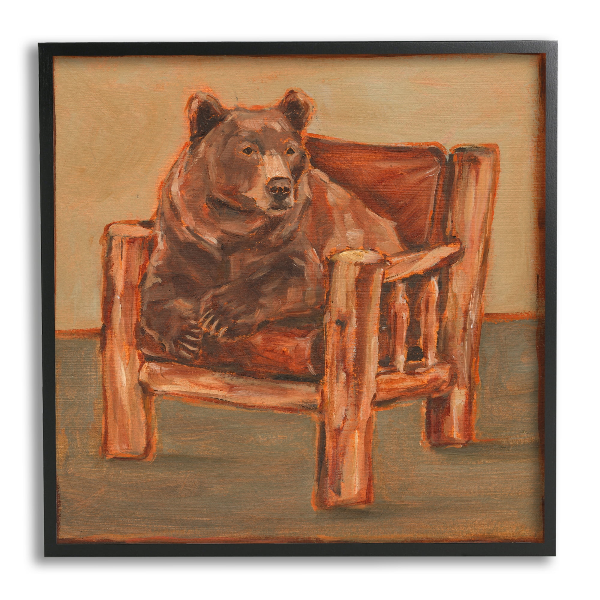 Stupell Industries Bear in Rustic Chair Animals & Insects Painting Black Framed Art Print Wall Art, 24 x 24