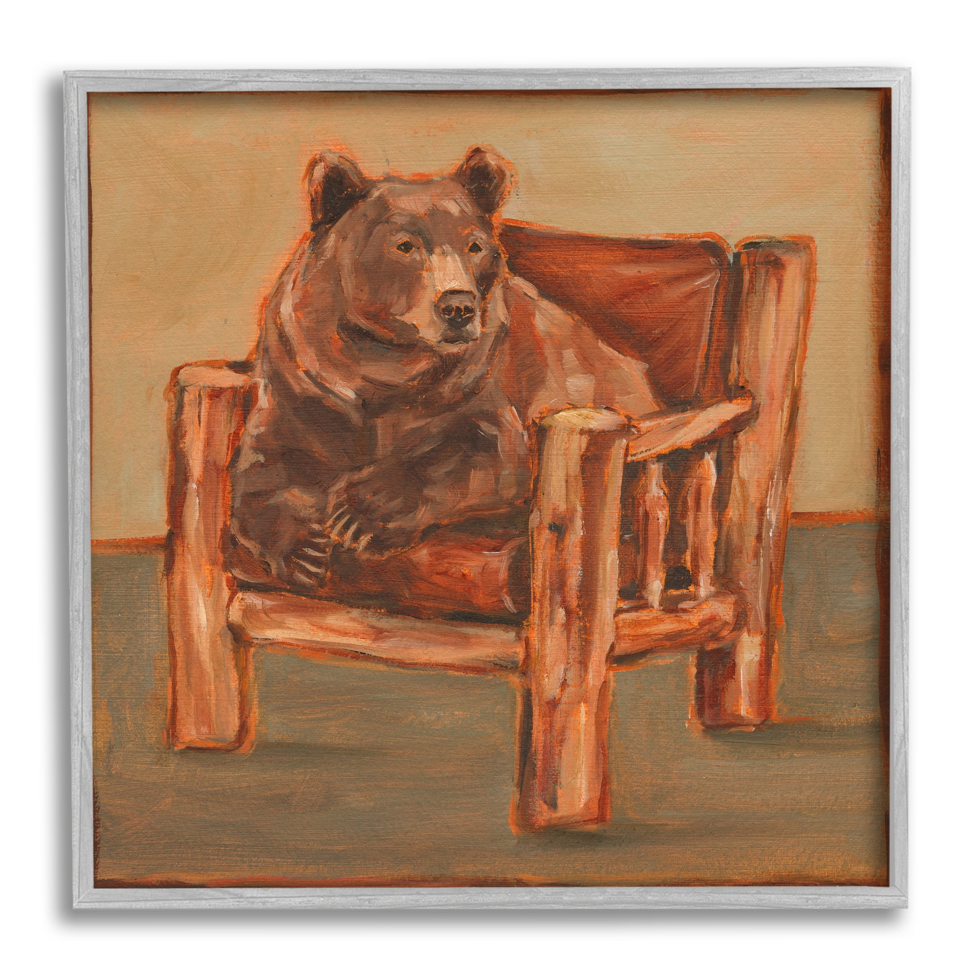 Stupell Industries Bear in Rustic Chair Animals & Insects Painting Gray Framed Art Print Wall Art, 17 x 17