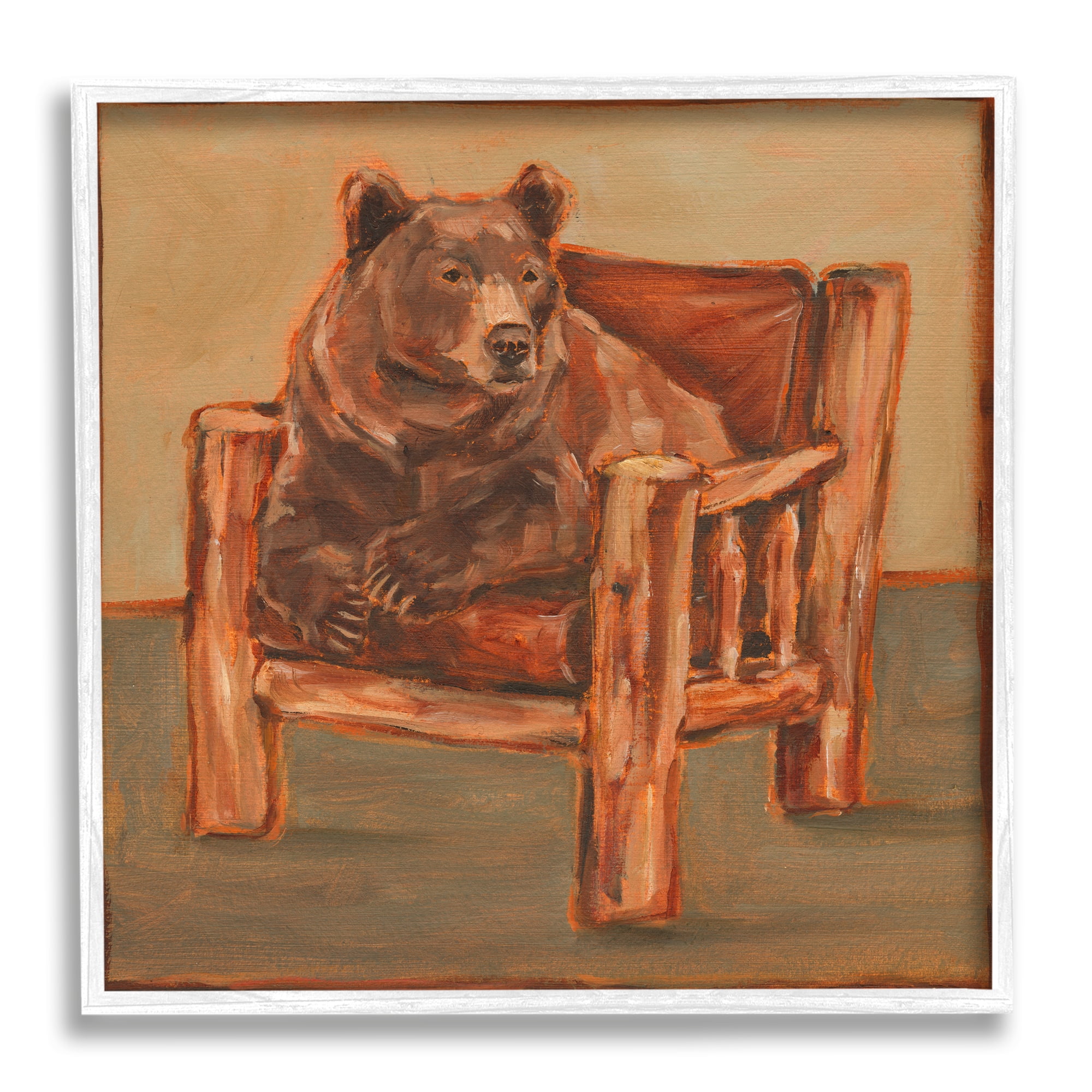 Stupell Industries Bear in Rustic Chair Animals & Insects Painting White Framed Art Print Wall Art, 12 x 12