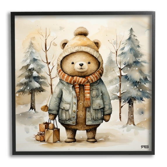 Stupell Industries Bear in Snowy Forest Animals & Insects Painting Black Framed Art Print Wall Art, 24 x 24