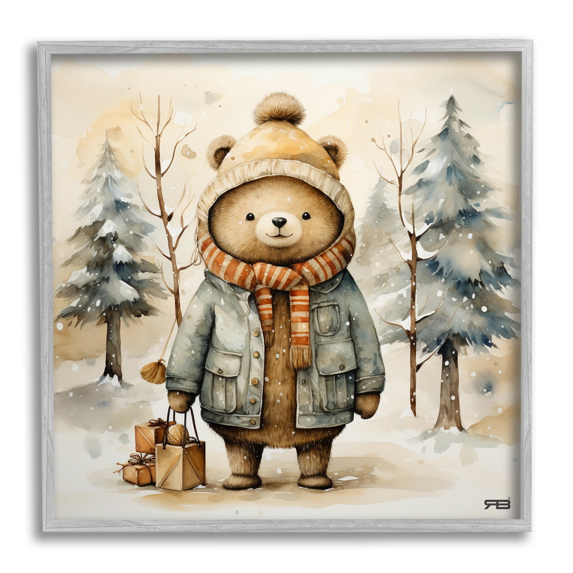 12" x 12" Gray Framed Bear in Snowy Forest Canvas Print