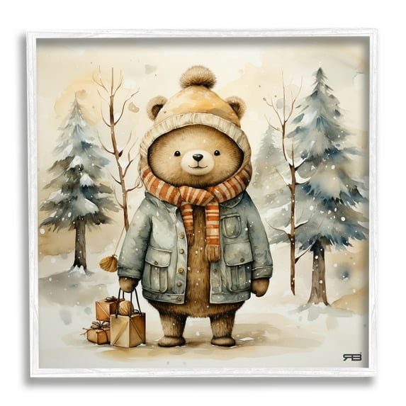 Stupell Industries Bear in Snowy Forest Animals & Insects Painting White Framed Art Print Wall Art, 24 x 24