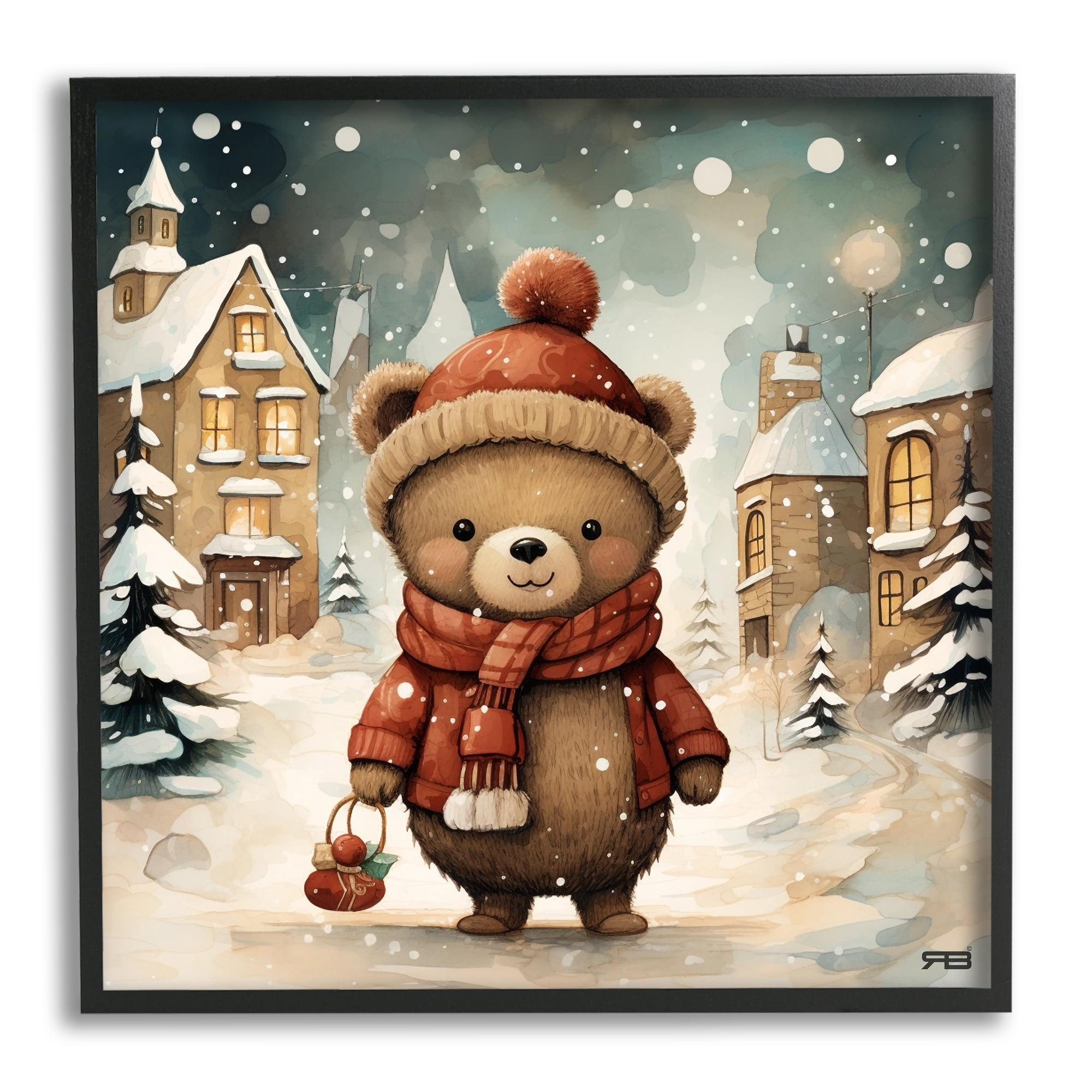 Stupell Industries Bear in Snowy Winter Village Animals & Insects Painting Black Framed Art Print Wall Art, 24 x 24