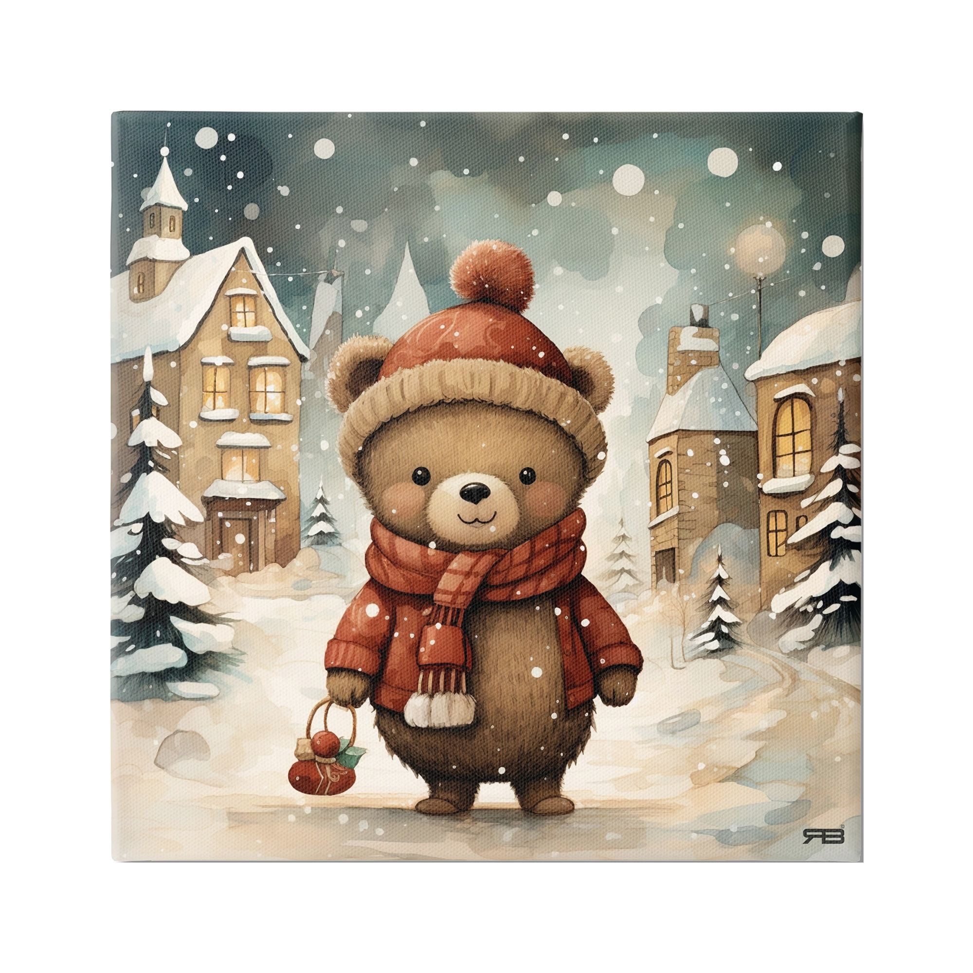 Stupell Industries Bear in Snowy Winter Village Animals & Insects Painting Gallery Wrapped Canvas Art Print Wall Art, 17 x 17