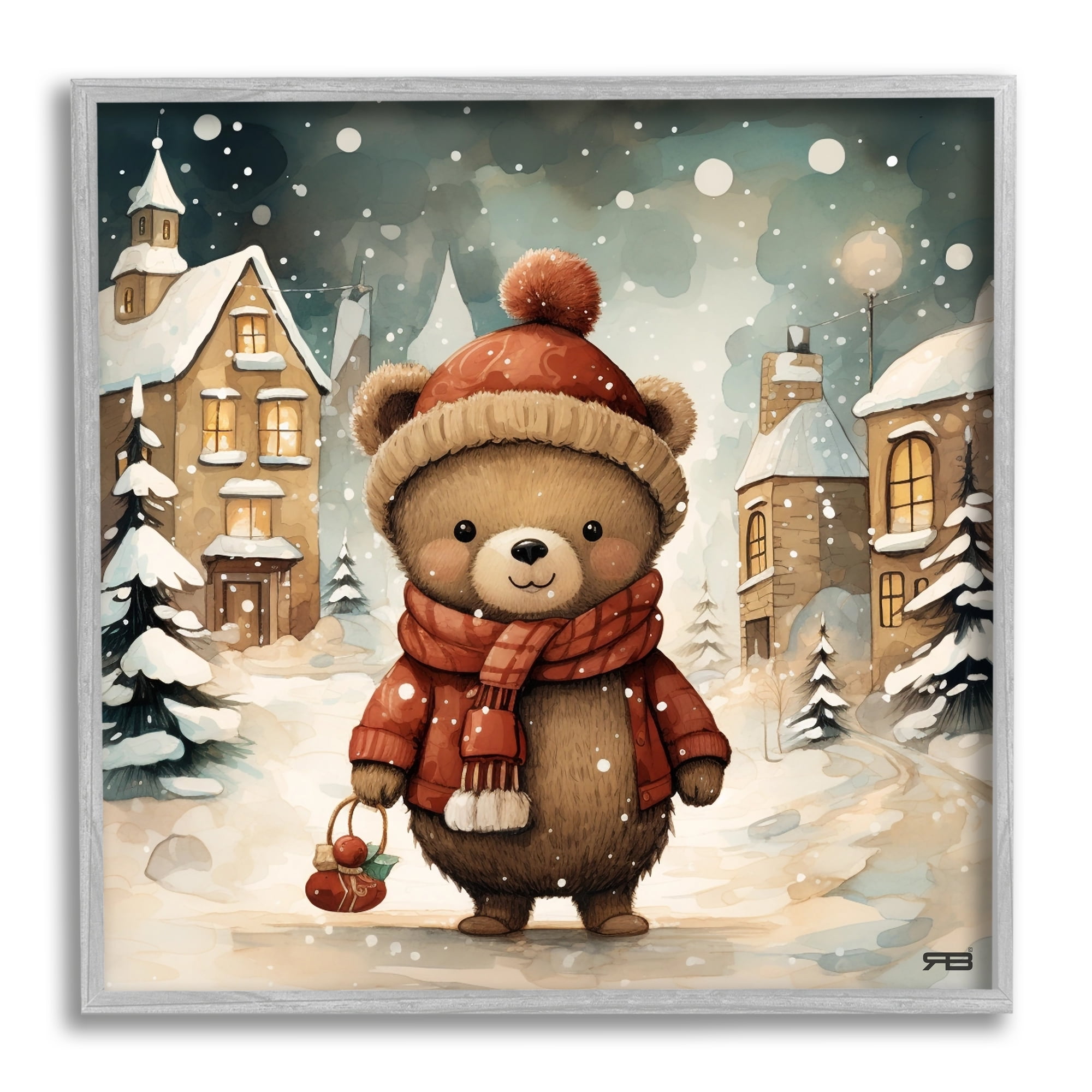 Gray Framed Bear in Snowy Winter Village Art Print