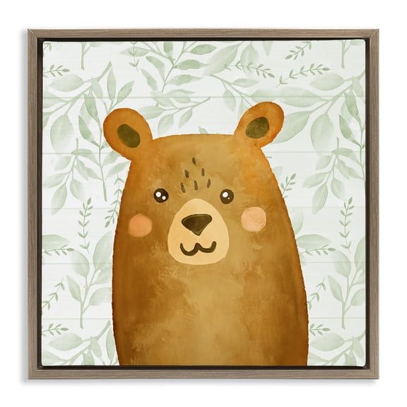 Stupell Industries Bear on Botanicals Whimsy Animals Painting Brown Floater Framed Canvas Art Print Wall Art, 18 x 18