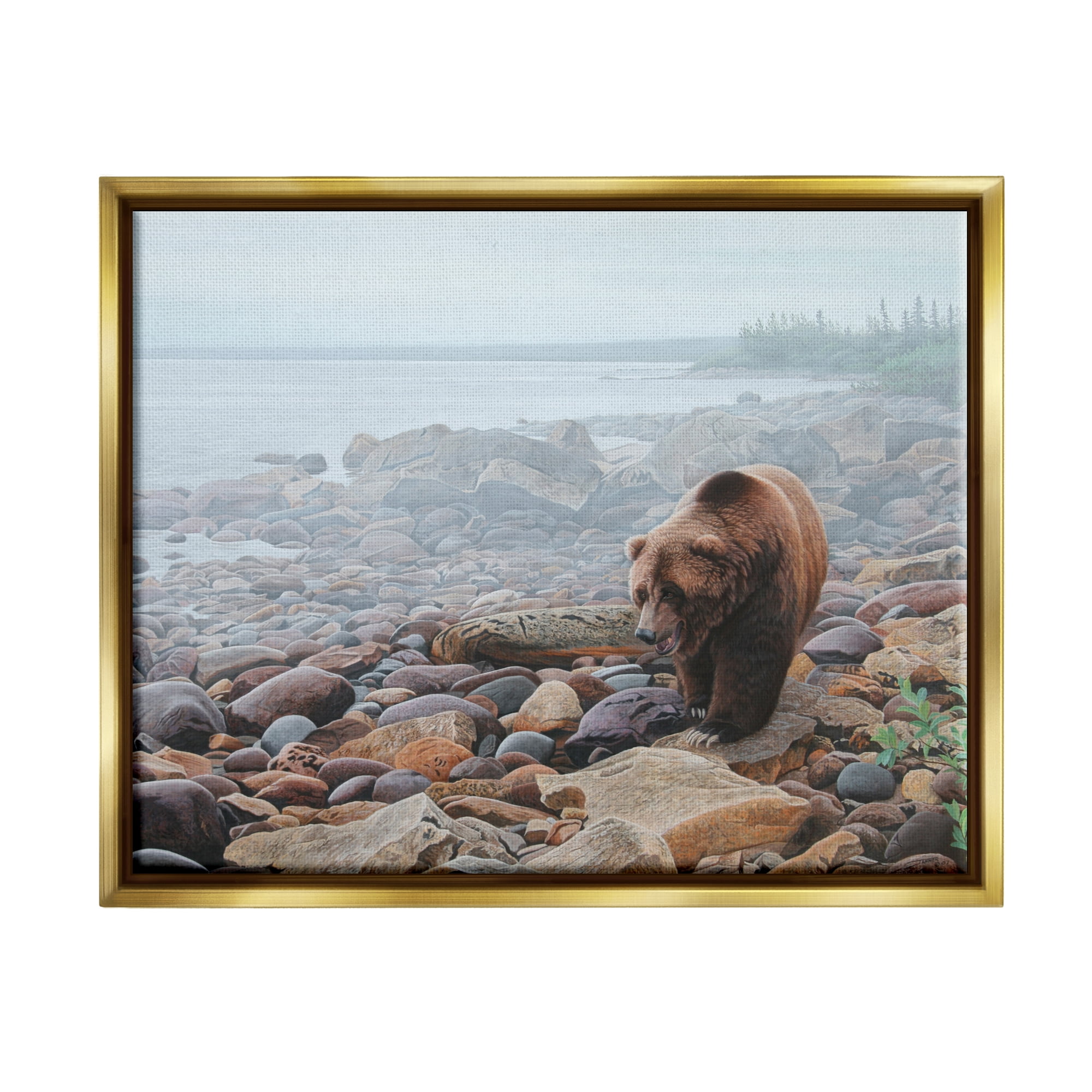 Stupell Industries Bear on Rocky Shore Nature Photography Gold Floater Framed Art Print Wall Art, 21 x 17