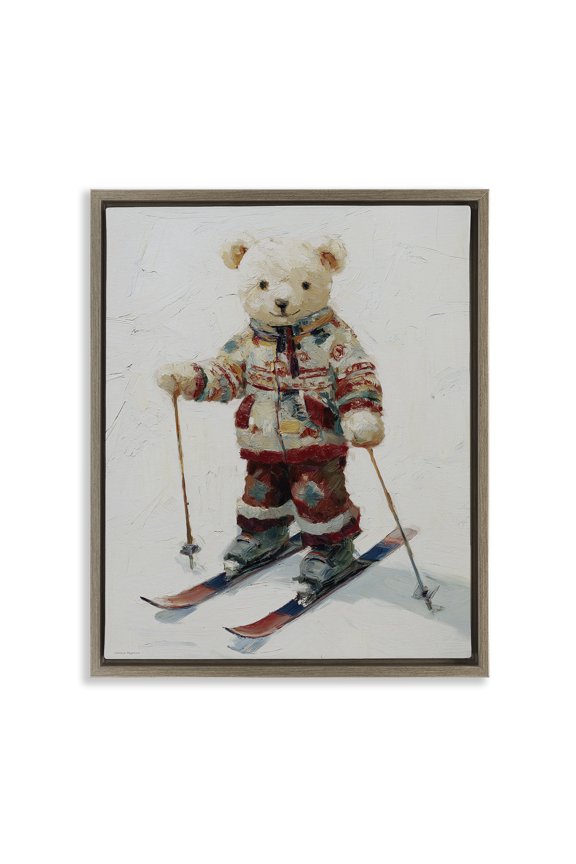 Bear on Skiing Adventure Brown Floating Frame Canvas Art, 25 x 31, Made In USA
