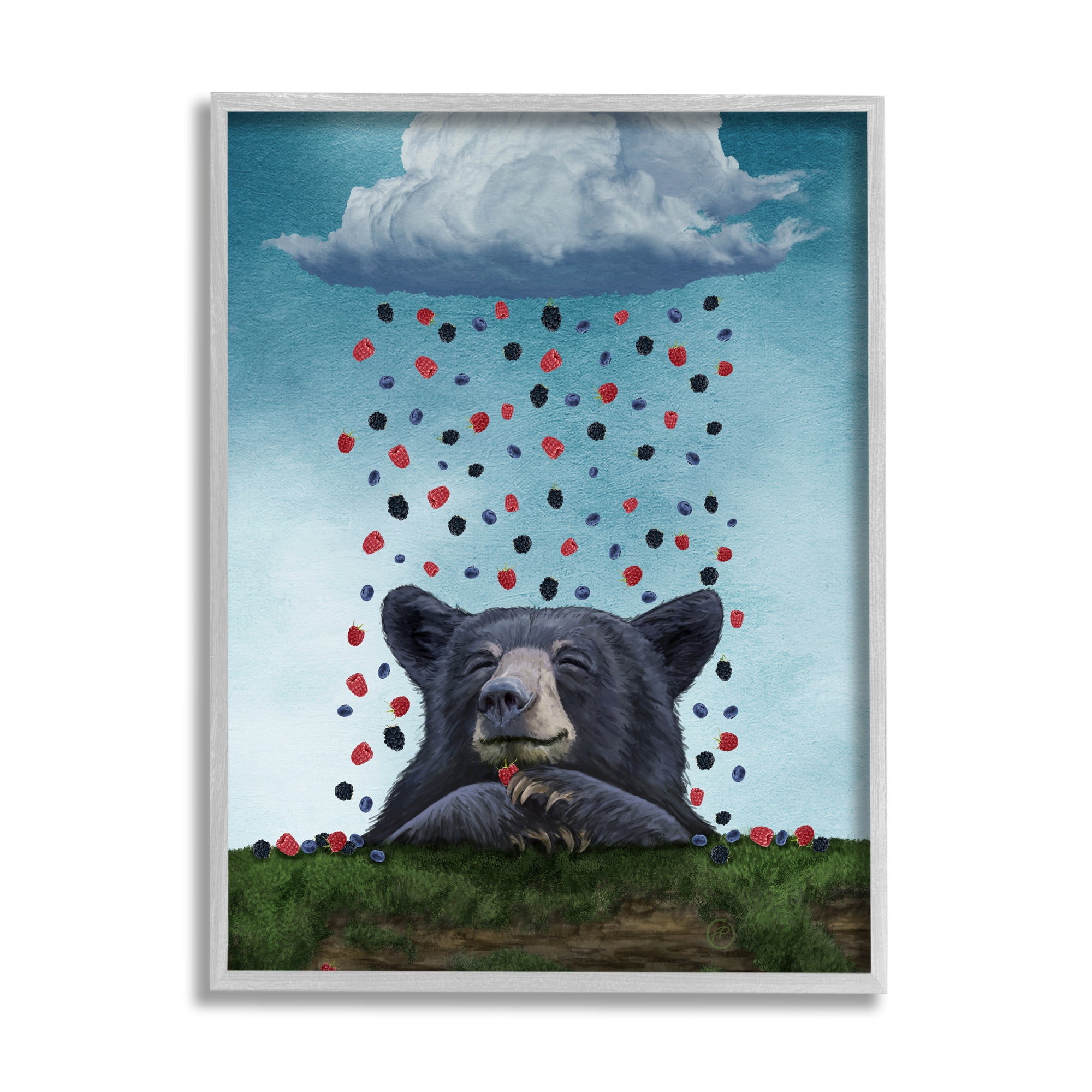 Stupell Industries Bear with Berry Cloud Animals & Insects Painting Gray Framed Art Print Wall Art, 11 x 14