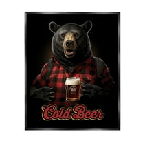 Stupell Industries Bear with Cold Beer Animals & Insects Painting Black Floater Framed Canvas Art Print Wall Art, 17 x 21