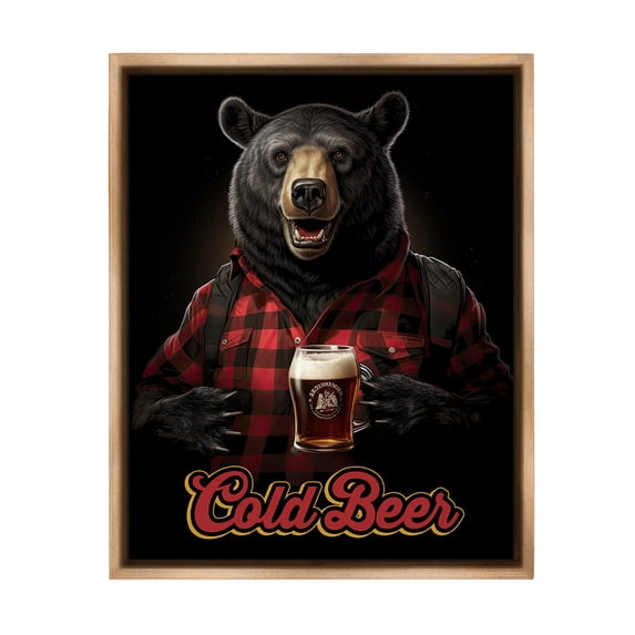 Stupell Industries Bear with Cold Beer Animals & Insects Painting Brown Floater Framed Canvas Art Print Wall Art, 25 x 31