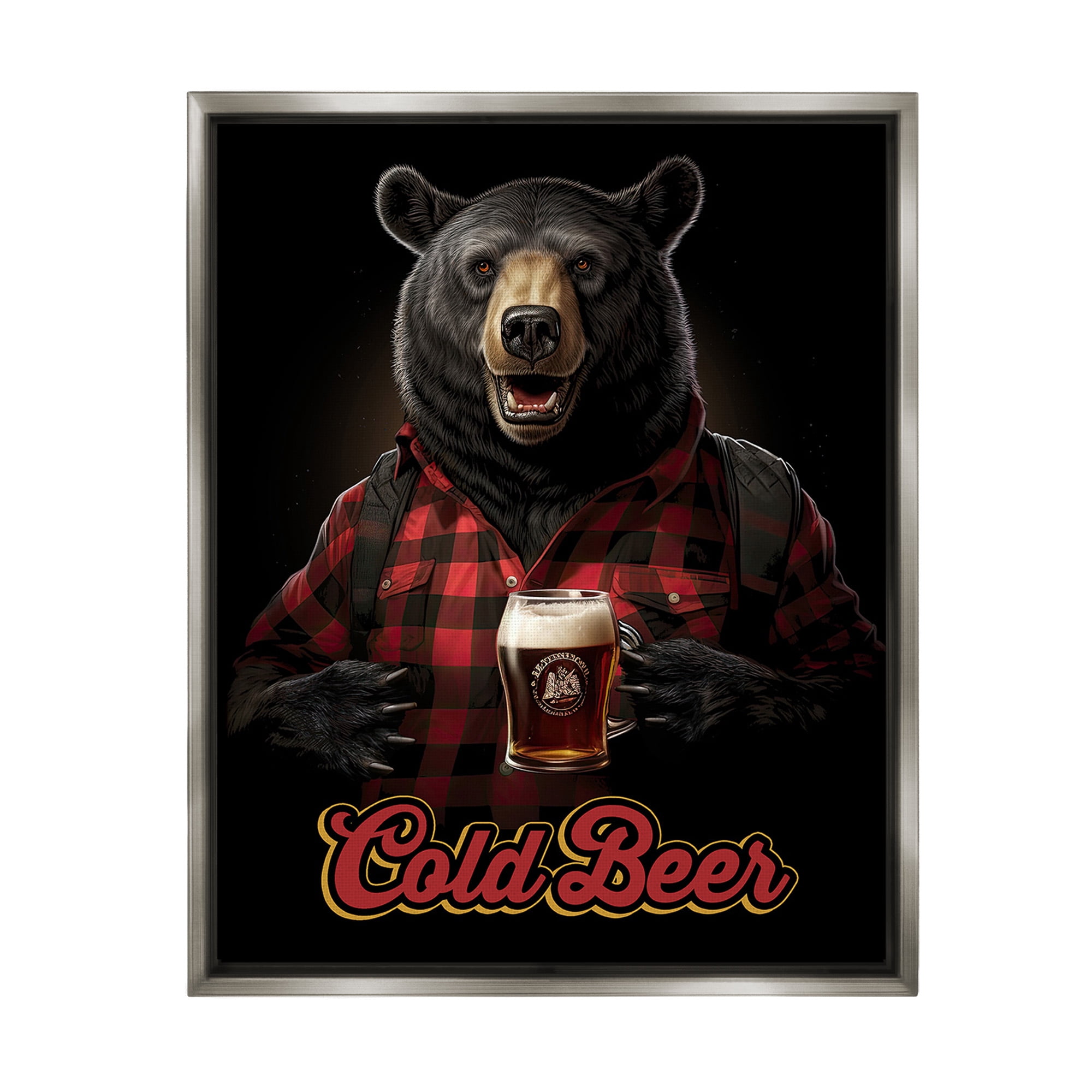 Stupell Industries Bear with Cold Beer Animals & Insects Painting Gray Floater Framed Canvas Art Print Wall Art, 25 x 31